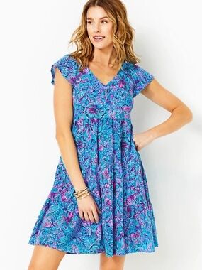 Lilly Pulitzer Turquoise & Purple Floral Flutter Sleeve Dress